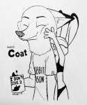  2019 absurd_res anthro black_and_white bra canid canine clothed clothing dipstick_ears disney duo ears_back english_text eyes_closed fluffy fox hi_res holding_cup holding_object inktober judy_hopps lagomorph leporid mammal monochrome multicolored_ears nick_wilde panties pivoted_ears rabbit shirt smile text theblueberrycarrots topwear underwear zootopia 