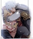  2boys antenna_hair armor bare_pectorals black_coat black_pants black_shirt blonde_hair carrying carrying_person chest_tattoo closed_eyes coat com777790 commentary_request crying facial_tattoo gold_necklace gradient_hair hair_between_eyes hand_on_another&#039;s_head highres honkai:_star_rail honkai_(series) hug jewelry korean_commentary male_focus medium_hair multicolored_hair multiple_boys mydei_(honkai:_star_rail) necklace open_clothes open_coat pants pauldrons pectorals phainon_(honkai:_star_rail) red_hair red_tattoo shirt short_hair shoulder_armor single_pauldron tattoo white_coat white_hair yaoi yellow_eyes 