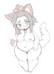 2025 anthro bell bell_collar belly big_breasts blush blush_lines bodily_fluids bow_ribbon breasts collar domestic_cat eyewear felid feline felis female fur genitals gesture glasses grey_hair hair heterochromia hi_res inner_ear_fluff innie_vulva looking_at_viewer mammal navel nipples open_mouth overweight overweight_anthro overweight_female pawpads paws perobun red_eyes simple_background solo sona_(yuio) sweat tail teal_eyes tuft vulva waving waving_at_viewer whiskers white_body white_fur