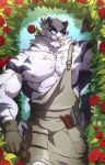  1boy abs animal_ears armpit_hair armpits bara biceps cat_nose chest_fur collarbone dislyte english_commentary fangs flower flower_in_mouth furry furry_male grin hedge highres holding holding_shovel jin_qiu_(ru_shou)_(dislyte) looking_at_viewer male_focus muscular muscular_male nipples overalls pectorals red_flower red_rose rose round_eyewear scar scar_across_eye scar_on_face shovel slit_pupils smile tiger tiger_boy tiger_ears tiger_stripes tropos_(purtropos) white_fur white_tiger yellow_eyes 