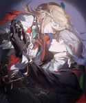  2boys alhaitham_(genshin_impact) black_gloves blonde_hair clothing_request commentary earrings feather_hair_ornament feathers from_side genshin_impact gloves grey_hair hair_ornament highres holding_hands jewelry kaveh_(genshin_impact) long_sleeves looking_at_another male_focus multiple_boys onononnu_u partially_fingerless_gloves red_eyes ring short_hair symbol-only_commentary teeth yaoi 