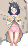  1girl black_hair blue_eyes blurry blurry_background blush closed_mouth clothes_lift collared_dress colored_inner_hair commentary_request commission cowlick dress dress_lift enigma_numx eyelashes hair_ornament hairclip highres lifting_own_clothes liko_(pokemon) looking_down multicolored_hair panties pink_panties pixiv_commission pokemon pokemon_(anime) pokemon_horizons short_sleeves solo split_mouth standing swept_bangs underwear yellow_dress 