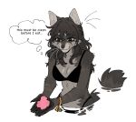 2025 anthro black_eyes bra breasts candy claws clothing cotton_candy dessert english_text eyelashes female food fur grey_body grey_fur grey_hair hair mammal panties partially_submerged procyonid racc_(raccoattack) raccoattack raccoon simple_background solo tail text thought_bubble underwear water whiskers