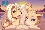 anthro ball_suck beach blonde_hair canid canine canis dialogue domestic_dog ear_piercing ear_ring eyelashes female first_person_view genitals group group_sex hair heart_eyes heart_symbol hi_res human human_on_anthro interspecies l-a-v licking looking_at_viewer male male/female mammal mature_female nude oral penile penis penis_lick piercing pupils ring_piercing sex sibling_(lore) sister_(lore) sisters_(lore) slit_pupils sucking text threesome tongue vein veiny_penis white_sclera