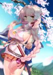  1girl ayukawa_koto bare_shoulders belt blue_sky braid breasts brown_eyes brown_hair candy cherry_blossoms d.chikusou flower food hair_flower hair_ornament highres iris_mysteria! jewelry katana large_breasts long_hair looking_at_viewer meme_attire miniskirt necklace sideboob sideways_glance skirt sky sleeveless sleeveless_turtleneck sword turtleneck very_long_hair weapon 