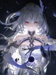  1girl absurdres bare_shoulders black_background closed_mouth dino_(dinoartforame) floating floating_hair floating_object genshin_impact grey_hair hair_between_eyes highres long_hair looking_at_viewer prosthesis prosthetic_arm red_eyes simple_background skirk_(genshin_impact) upper_body 