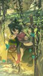  1girl absurdres animal_ears black_hair black_nails blue_butterfly bug butterfly cat_ears cat_girl dungeon_meshi hair_between_eyes highres izutsumi midriff navel omurice_(304975636) red_scarf scarf short_hair smile solo tongue tongue_out walking_mushroom_(dungeon_meshi) yellow_eyes 