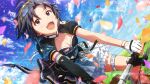  1girl aura bicycle black_dress black_eyes black_hair breasts cleavage commentary_request confetti day dress eyewear_on_head fingerless_gloves game_cg gloves idolmaster idolmaster_(classic) idolmaster_million_live! idolmaster_million_live!_theater_days looking_ahead official_art open_mouth outdoors riding riding_bicycle short_hair short_sleeves sky solo teeth thigh_strap third-party_source upper_teeth_only white_gloves 