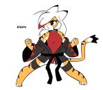 2025 3_toes 4_fingers ahoge ambiguous_gender anaugi anthro bare_shoulders barefoot clothed clothing cute_fangs dipstick_ears dipstick_tail ear_markings fangs feet felid fighting_pose fingers fist fur hair hair_over_eye hi_res highlights_(coloring) keikogi legband leotard long_hair mammal markings martial_arts_uniform multicolored_ears narrowed_eyebrows pose ryomi_(anaugi) simple_background solo sportswear striped_body striped_fur stripes tail tail_markings teeth toes white_background white_hair wide_stance