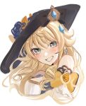  1girl bare_shoulders black_hat blonde_hair blush bow genshin_impact grey_eyes grin h_09ii hat highres long_hair looking_at_viewer navia_(genshin_impact) simple_background smile solo upper_body white_background yellow_bow 