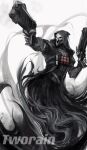 1boy aiming artist_name black_coat chinese_commentary coat commentary_request feet_out_of_frame gun handgun highres holding holding_gun holding_weapon hood hood_up hooded_coat male_focus mask overwatch reaper_(overwatch) simple_background tworain_w watermark weapon white_background 
