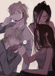  1boy 1girl alien_stage bare_shoulders blonde_hair cigarette closed_eyes commentary grey_eyes grey_shirt grey_tank_top headset heart hetero highres holding_another&#039;s_wrist hyuna_(alien_stage) kiss kissing_hand long_hair long_sleeves luka_(alien_stage) microphone outline s301t9 shirt short_hair smoking spoken_heart sweatdrop tank_top very_long_hair white_outline yellow_eyes 