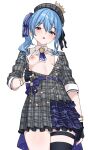  1girl beret blouse blue_eyes blue_hair breasts cowboy_shot crown furuno_(furuno132nw) gloves hair_ornament hair_ribbon hat highres hololive hoshimachi_suisei hoshimachi_suisei_(1st_costume) long_hair mini_crown nipples one_breast_out open_clothes open_shirt partially_fingerless_gloves ribbon shirt side_ponytail simple_background skirt small_breasts virtual_youtuber white_background 
