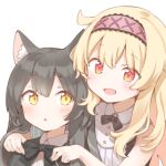  2girls adjusting_another&#039;s_clothes animal_ear_fluff animal_ears bad_link black_bow black_bowtie black_hair blonde_hair bow bowtie cat_ears cat_girl dress flat_chest hairband light_blush little_witch_nobeta long_hair looking_at_another lowres multiple_girls nobeta_(witch_skin) official_art open_mouth phyllis_(human)_(little_witch_nobeta) phyllis_(little_witch_nobeta) red_eyes red_hairband simple_background sleeveless sleeveless_dress transparent_background yellow_eyes 