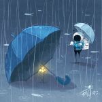  1other absurdres artist_name backpack bag blue_jacket commentary fish flower flying_fish gloves glowing glowing_flower helmet highres holding holding_umbrella jacket kazunoko_(kazunoko_zunoco) looking_at_flowers original other_focus radio_antenna rain ripples shadow signature solo space_helmet standing umbrella water white_gloves yellow_flower 