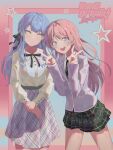  2girls absurdres bang_dream! bang_dream!_it&#039;s_mygo!!!!! black_ribbon blue_hair braid brown_shirt chihaya_anon closed_mouth commentary copyright_logo diagonal-striped_clothes diagonal-striped_necktie double_v earrings fang green_necktie green_skirt grey_eyes grey_jacket grey_skirt hair_ribbon haneoka_school_uniform highres jacket jewelry long_hair looking_at_viewer misaki_(xxxhackerxxxxx) multiple_girls necktie open_mouth pink_hair plaid_clothes plaid_skirt pleated_skirt ribbon school_uniform shirt sidelocks skirt star_(symbol) striped_clothes teeth togawa_sakiko upper_teeth_only v 