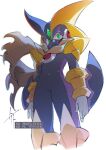  1boy bass.exe_(mega_man) black_bodysuit black_helmet bodysuit cowboy_shot double_soul_(mega_man) forehead_jewel green_eyes helmet highres male_focus mega_man_(series) mega_man_battle_network_(series) megaman.exe netnavi simple_background solo to_i_to_io white_background 