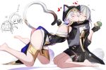  4girls absurdres aglaea_(honkai:_star_rail) animal_ear_fluff animal_ears animal_hood barefoot black_coat black_gloves black_leotard black_skirt breast_press breasts castorice_(honkai:_star_rail) cat_ears cat_girl cat_hood cat_tail cipher_(honkai:_star_rail) coat commentary_request feet gloves grey_hair heart heart_tail highres holding holding_scythe honkai:_star_rail honkai_(series) hood hug large_breasts leotard multiple_girls nail_polish scythe shirt simple_background skirt smile stelle_(honkai:_star_rail) tail thigh_strap thighs toenail_polish toenails trailblazer_(honkai:_star_rail) translation_request voi_271 white_background yarn yarn_ball yellow_eyes 