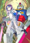  1boy black_boots blue_hair boots commentary_request energy_sword gloves gundam gundam_gquuuuuux hair_between_eyes highres holding holding_sword holding_weapon looking_at_viewer male_focus mecha mhj0n1o3ce89476 mobile_suit mobile_suit_gundam outstretched_arms pants red_eyes robot rx-78-2_gundam science_fiction shield shirt shuji_ito sparkle spoilers sword v-fin weapon white_pants white_shirt yellow_eyes zeknova 