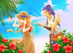  1boy 1girl arm_guards azu_rin_go beach black_armlet blonde_hair blue_hair blue_ribbon blue_sky bokujou_monogatari bokujou_monogatari:_mittsu_no_sato_no_taisetsuna_tomodachi braid brown_overalls bush closed_mouth cloud collared_shirt cornrows cowboy_shot day floating_hair flower hands_on_headwear hat hat_ribbon hibiscus highres jewelry light_particles long_hair long_skirt looking_at_another low_twin_braids ludus_(bokujou_monogatari) nanami_(bokujou_monogatari) necklace ocean orange_eyes outdoors overall_skirt overalls palm_leaf plaid_clothes plaid_shirt reaching reaching_towards_another red_flower ribbon scarf_belt shaded_face shirt shore short_sleeves skirt sky sleeveless_tunic sun_hat tunic twin_braids v-shaped_eyebrows wavy_hair white_tunic wind wind_lift 
