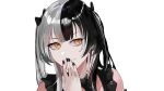  1girl black_hair black_nails closed_mouth english_commentary grey_hair hand_up highres hololive hololive_english kurochanai long_hair multicolored_hair shiori_novella simple_background solo split-color_hair two-tone_hair virtual_youtuber white_background yellow_eyes 