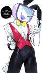  1boy animal_ears ant_tenna asd1565326 black_pants bow bowtie cowboy_shot crt deltarune english_text fake_animal_ears fangs gloves highres male_focus male_playboy_bunny object_head open_mouth pants pointy_nose rabbit_ears red_vest shirt solo sweat tail vest white_background white_gloves white_shirt yellow_bow yellow_bowtie 