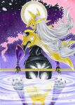  1girl ass black_bodysuit bodysuit cherry_blossoms different_reflection digimon digimon_(creature) fox_mask from_behind full_body highres holding holding_staff long_hair mask miura_satoru petals reflection renamon sakuyamon solo staff 