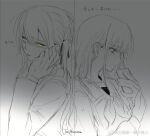  2girls bang_dream! bang_dream!_it&#039;s_mygo!!!!! blush cellphone chinese_commentary commentary_request holding holding_phone long_hair multiple_girls phone school_uniform sidelocks siy_(shengxiu760722) smartphone sweat talking_on_phone togawa_sakiko translation_request tsukinomori_school_uniform upper_body wakaba_mutsumi watermark weibo_watermark yellow_eyes 