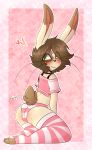  &lt;3 absurd_res balls_in_panties blush brown_hair bulge butt clothed clothing crossdressing freckles fur girly green_eyes hair hi_res lagomorph male mammal panties pattern_clothing solo striped_clothing stripes tan_body tan_fur topwear tuzz-arts underwear whiskers 