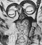  2boys androgynous balance_scale berserk body_piercings crossover disembodied_eye elden_ring elden_ring_nightreign extra_eyes facing_viewer from_behind goat_horns goat_legs griffith_(berserk) highres horns libra_(elden_ring) long_hair mage_staff multiple_boys nude very_big_eyes weighing_scale yitansan 