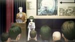  1boy 1girl 6+others alexis_leskinen anatomy bald blonde_hair blunt_bangs brain brown_jacket buttons closed_mouth clothing_request coat collar collarbone collared_shirt computer crowd curtains dress flat_chest from_behind game_cg glasses green_collar green_eyes green_hair green_trim grey_dress grin height_difference highres hiyajou_maho holding holding_pen holding_tablet_pc hood hood_down hoodie huke jacket lab_coat lapels laptop long_hair long_sleeves looking_at_another messy_hair microphone multiple_others nape non-web_source notched_lapels official_art pen presentation rabbit_zipper ringed_eyes shirt short_hair smile square_pupils standing steins;gate steins;gate_0 tablet_pc thick_eyebrows very_long_hair very_short_hair white_coat white_shirt 