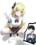  1boy 1girl alternate_costume black_bow black_choker black_hair black_shoes blonde_hair blue_eyes bow bowtie breasts brown_bow brown_bowtie brown_skirt choker cigarette cigarette_pack collared_shirt commentary corrupted_twitter_file crying cryne delinquent hair_bow hair_ornament highres holding holding_cigarette long_hair male_rover_(wuthering_waves) medium_breasts parted_lips phoebe_(wuthering_waves) plaid_clothes plaid_skirt rover_(wuthering_waves) shirt shoes simple_background skirt slav_squatting smoking squatting streaming_tears symbol-only_commentary tears thighhighs thighs very_long_hair white_background white_shirt white_thighhighs wuthering_waves x_hair_ornament 