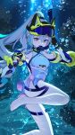  1girl absurdres ai_dongdong air_bubble bronya_zaychik bubble crossed_bangs drill_hair drill_ponytail drill_sidelocks grey_eyes grey_hair hair_between_eyes highres honkai_(series) honkai_impact_3rd legs long_hair long_sleeves multicolored_hair one-piece_swimsuit sidelocks streaked_hair swimsuit toes underwater 