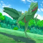 1:1 absurd_res ambiguous_gender claws cloud detailed_background digital_media_(artwork) feral forest generation_3_pokemon grass green_body hi_res long_neck looking_at_viewer nintendo nude open_mouth outside plant pokemon pokemon_(species) portrait raised_leg sceptile shaded sky solo tail tailbutt tapering_tail thick_tail three-quarter_portrait toe_claws tongue tree wide_crotch yellow_eyes zw3