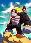  1boy 1girl absurdres aura black_fur cliff donkey_kong donkey_kong_(series) donkey_kong_bananza funnismonkis highres looking_at_viewer necktie on_shoulder pauline_(mario) smile standing 