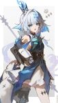  1girl black_thighhighs blue_dress blue_eyes blue_hair breasts cerydra_(honkai:_star_rail) commentary_request crown detached_sleeves dress grey_background hair_intakes highres holding holding_polearm holding_weapon honkai:_star_rail honkai_(series) korean_commentary long_hair looking_at_viewer mini_crown open_mouth polearm simple_background single_thighhigh small_breasts solo suamk2 thighhighs thighs weapon 