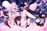  1girl artist_name black_horns black_ribbon black_shoes black_thighhighs breasts collarbone drowsenss fingernails flower full_moon hair_ornament hair_over_one_eye highres horns indie_virtual_youtuber iomaya_(vtuber) long_fingernails mole mole_on_breast mole_under_eye moon pink_flower pink_hair pink_nails platform_sandals ribbon sandals shoes single_thighhigh solo tassel tentacle_hair thighhighs virtual_youtuber wide_sleeves yellow_eyes 
