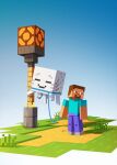  1boy absurdres block_(minecraft) closed_eyes commentary creature english_commentary faux_3d ghast hapico happy_ghast highres lamp lamppost leash low_poly male_focus minecraft minecraft_(style) monster official_style outdoors pet redstone_lamp smile steve_(minecraft) 