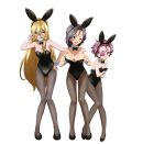  absurdres animal_ears black_bow black_bowtie black_leotard blonde_hair blush bow bowtie breasts brown_eyes cleavage closed_mouth eyepatch fake_animal_ears fishnet_pantyhose fishnets freckles full_body girls_und_panzer glasses grey_hair hand_on_own_hip highres key_(gaigaigai123) large_breasts leotard long_hair looking_at_viewer momogaa_(girls_und_panzer) nekonyaa_(girls_und_panzer) one_eye_closed open_mouth oversized_breast_cup pantyhose piyotan_(girls_und_panzer) playboy_bunny pout purple_hair rabbit_ears simple_background small_breasts tongue tongue_out undersized_breast_cup white_background 