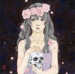  1girl album_cover bare_shoulders camisole commentary_request cover expressionless flower flower_wreath grey_eyes grey_hair highres holding holding_skull ijichi_akiko long_hair looking_at_viewer malikliya painting_(medium) petals pink_flower pink_rose rose second-party_source skull solo traditional_media upper_body 