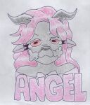 2025 2_horns anthro bovid bovine bow_ribbon breath cattle character_name clothing colored_pencil_(artwork) female hair heart_(marking) hi_res horn long_hair looking_at_viewer mammal markings oversized_clothing oversized_topwear simple_background smile solo teochronico text topwear traditional_media_(artwork)