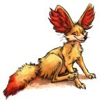  ambiguous_gender black_nose cheek_tuft chest_tuft face_tuft fangs fennekin feral fluffy fluffy_tail fur grin hi_res inner_ear_fluff kenket light lighting nintendo pok&eacute;mon pok&eacute;mon_(species) red_body red_eyes red_fur simple_background smile solo tuft video_games whiskers white_background yellow_body yellow_fur 