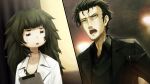  1boy 1girl :o =_= adam&#039;s_apple annoyed beard_stubble black_cardigan black_hair black_jacket black_shirt blunt_bangs breast_pocket cardigan clipboard closed_mouth clothing_request coat collar collarbone collared_shirt comedic_sweatdrop dress facial_hair flat_chest game_cg green_collar green_hair green_trim grey_dress highres hiyajou_maho holding holding_clipboard huke jacket lab_coat lapels long_hair long_sleeves messy_hair narrowed_eyes nervous_sweating non-web_source notched_lapels object_in_pocket official_art okabe_rintarou okabe_rintarou_(beta) open_clothes open_mouth pen_in_pocket pocket ringed_eyes shirt short_hair square_pupils standing steins;gate steins;gate_0 stubble sweat sweatdrop thick_eyebrows tongue transparent_background very_long_hair white_coat white_shirt yellow_eyes 