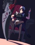  1girl 3: apron belt black_pantyhose breasts chair dress ellen_joe fins fish_tail frilled_dress frills highres large_breasts looking_at_viewer maid maid_apron maid_headdress muranomiro on_chair pantyhose red_eyes shark_girl shark_tail shoes short_hair sitting tail weapon wrist_cuffs zenless_zone_zero 