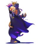  1boy absurdres animal_head arm_up armband blue_cape boots cape commentary english_commentary feathers fingerless_gloves fingernails full_body gloves green_eyes highres king_(tekken) leopard_tail luchador male_focus muscular muscular_male open_mouth psyoptima purple_feathers sharp_teeth slit_pupils solo tail teeth tekken tekken_8 twitter_username veins veiny_arms white_background 