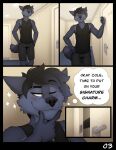 anthro apartment athletic_wear black_hair black_nose blush bottomwear canid canine canis claws clothed clothing cole_(granitemcgee) comic english_text fully_clothed fur granitemcgee grey_body grey_fur gym_bottomwear gym_shorts hair hallway hands_in_both_pockets hi_res inside knocking_on_door male mammal musical_note musical_symbol one_eye_closed opening_door red_eyes shirt shorts smile solo symbol tank_top text thought_bubble topwear whistling wolf