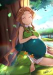  1girl absurdres bare_shoulders blue_sky brave_fencer_musashiden brown_hair closed_eyes commission commissioner_upload dappled_sunlight dress falling_leaves flower forest grass green_kimono hand_on_own_stomach highres japanese_clothes kimono leaf long_hair mochii89 musashiden_ii nature obi outdoors pregnant river riverbank sash shorts sitting sky sleeping sleeveless sleeveless_dress smile solo square_enix sunlight tamie tree 