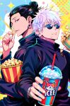  2boys back-to-back between_fingers black_hair black_jacket blue_eyes bucket closed_mouth collared_jacket colored_eyelashes colorful_background commentary_request cup drinking_straw earrings fingernails food food_on_face getou_suguru gojou_satoru hair_between_eyes hair_bun hair_pulled_back hand_up high_collar highres holding holding_cup holding_food icee jacket jewelry jujutsu_kaisen jujutsu_tech_uniform long_sleeves looking_at_viewer looking_to_the_side male_focus multiple_boys open_mouth plug_(piercing) popcorn round_eyewear shibakawaiiii short_hair single_hair_bun slushie stud_earrings sunglasses very_short_hair white_eyelashes yellow_eyes 