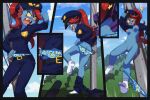 anthro areola assisted_exposure badge belt belt_buckle blue_body blush boss_monster_(undertale) breasts buckle butt butt_cleavage clothing cuff_(restraint) deltarune embarrassed euf-dreamer fangs female footwear genitals hair handcuffed handcuffed_to_pole handcuffs hat headgear headwear hi_res humanoid metal_cuffs navel nipples not_furry panties paw_patrol police police_officer police_uniform purple_body red_hair restraints socks solo surprise surprised_expression susie_(deltarune) teeth undertale_(series) underwear undyne uniform vulva wardrobe_malfunction