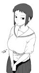  1girl black_eyes collarbone cowboy_shot dated forehead greyscale long_sidelocks looking_at_viewer monochrome original sailor_collar shirt short_hair short_sleeves sidelocks signature simple_background skirt tsukudani_(coke-buta) white_background 